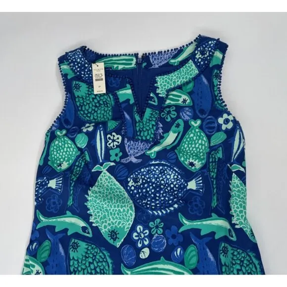 Talbots Dress Womens 2P Sleeveless Blue Fish Stretch Tropical Lined Fringe NEW
