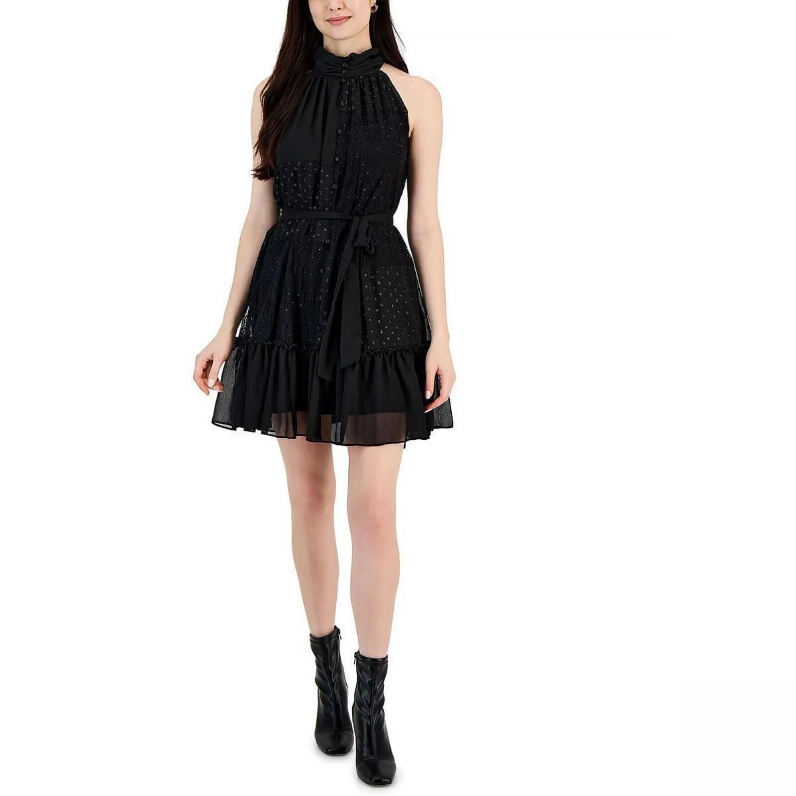 Taylor Women's Lace-Trim Belted Halter Dress 3131M Black 10