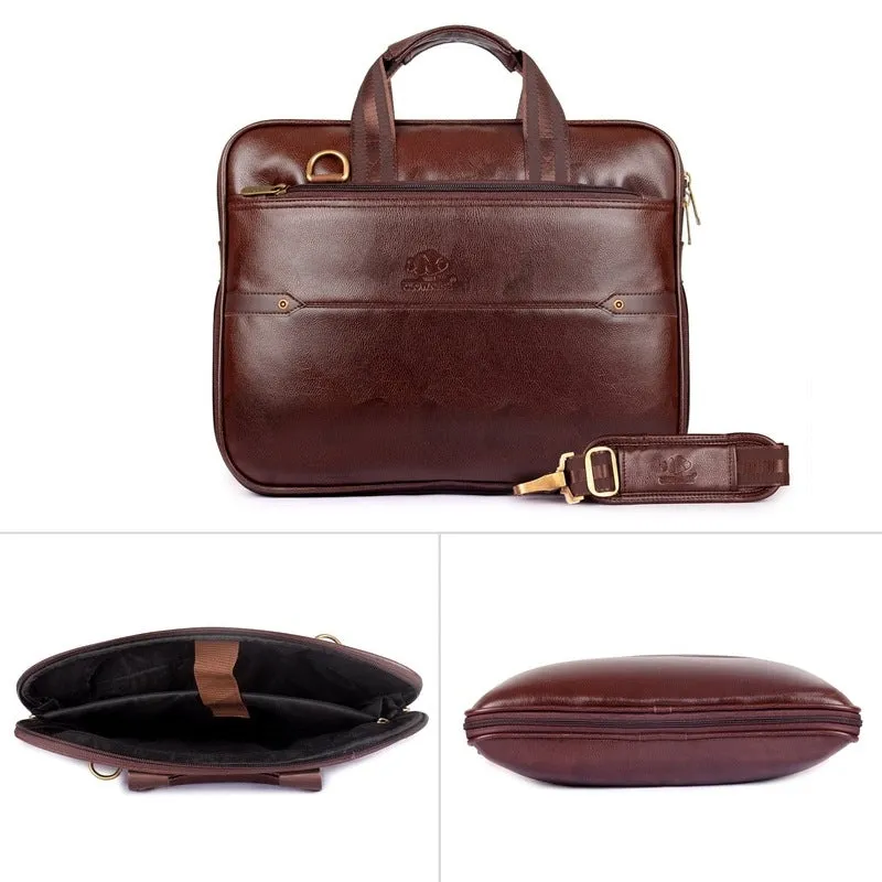 THE CLOWNFISH Supreme 15.6-Inch Laptop Briefcase - Vegan Leather, Expandable | Detachable Strap | Chestnut Brown
