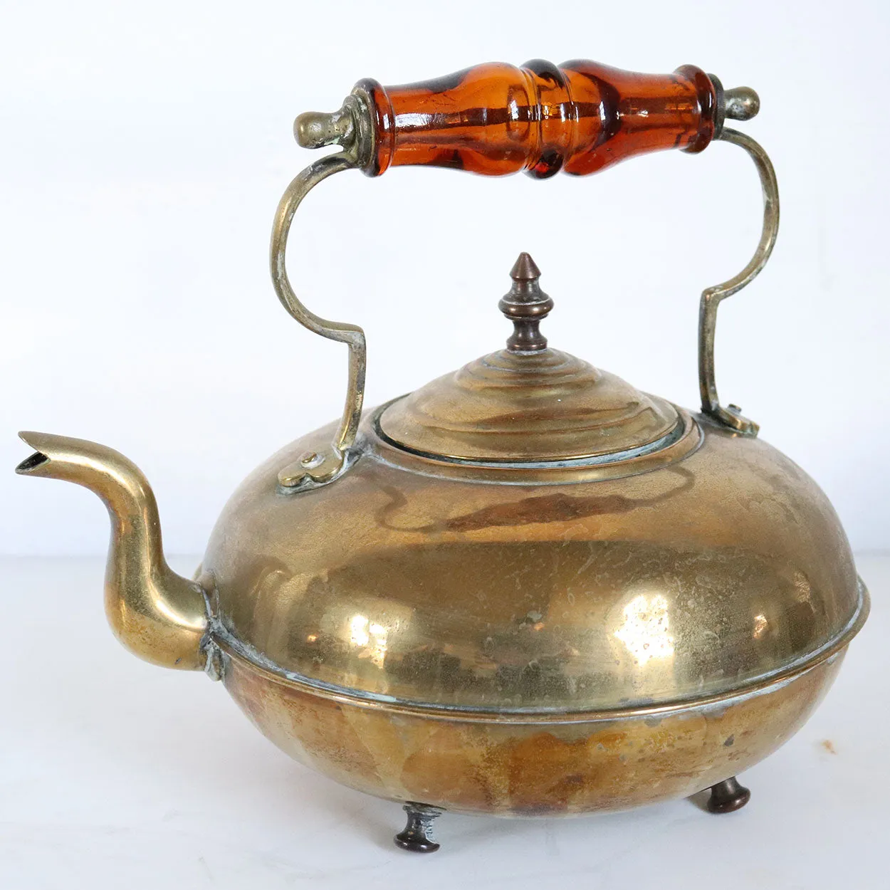 Three English and Chinese Brass and Copper Teapots and Two Strainers