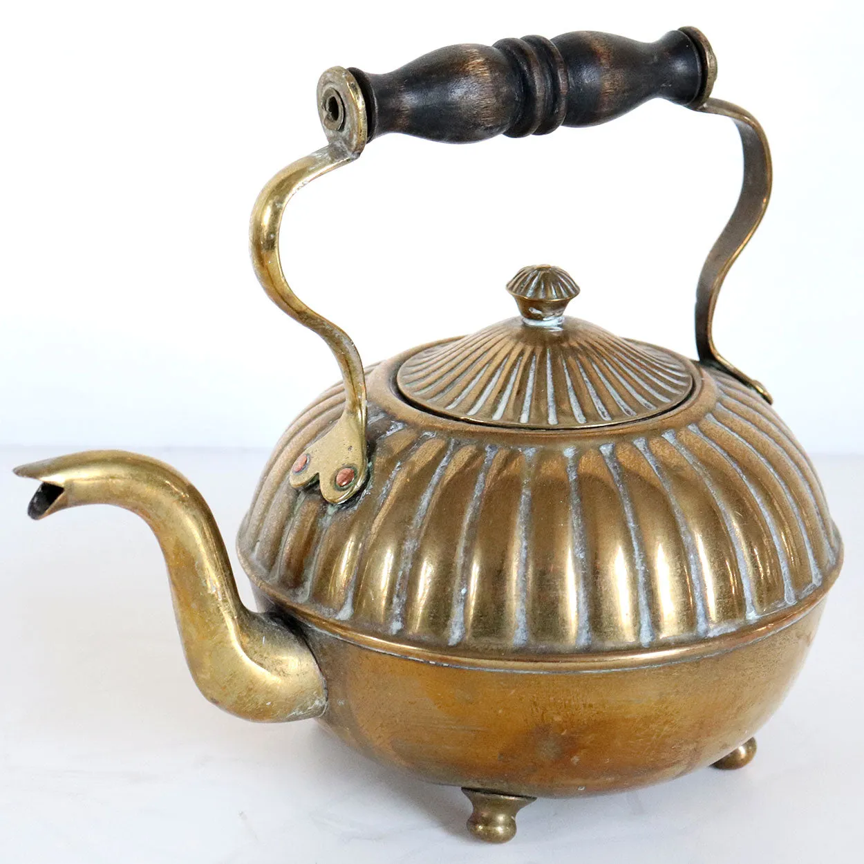 Three English and Chinese Brass and Copper Teapots and Two Strainers