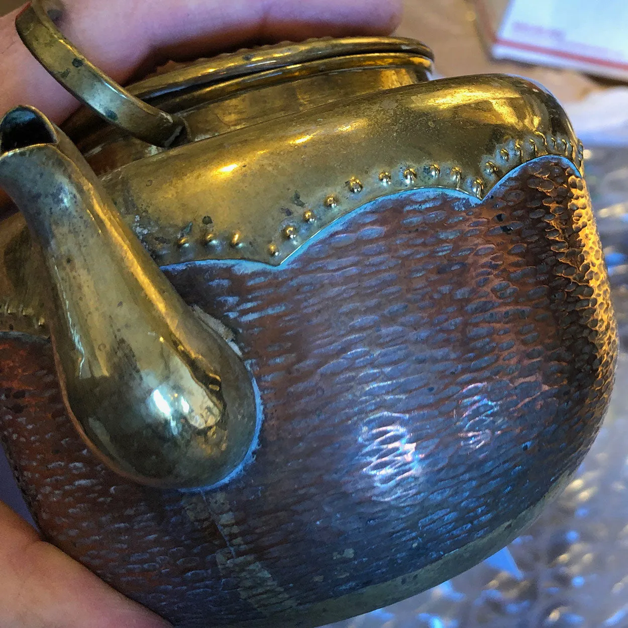 Three English and Chinese Brass and Copper Teapots and Two Strainers