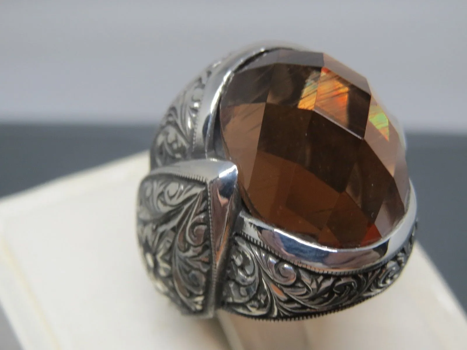 Turkish Handmade Jewelry 925 Sterling Silver Alexandrite Stone Engraved Mens Rings