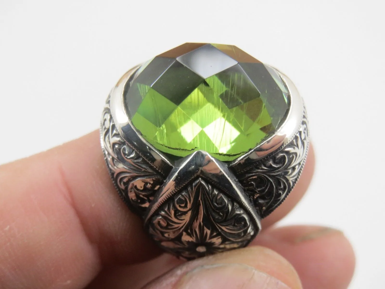 Turkish Handmade Jewelry 925 Sterling Silver Alexandrite Stone Engraved Mens Rings