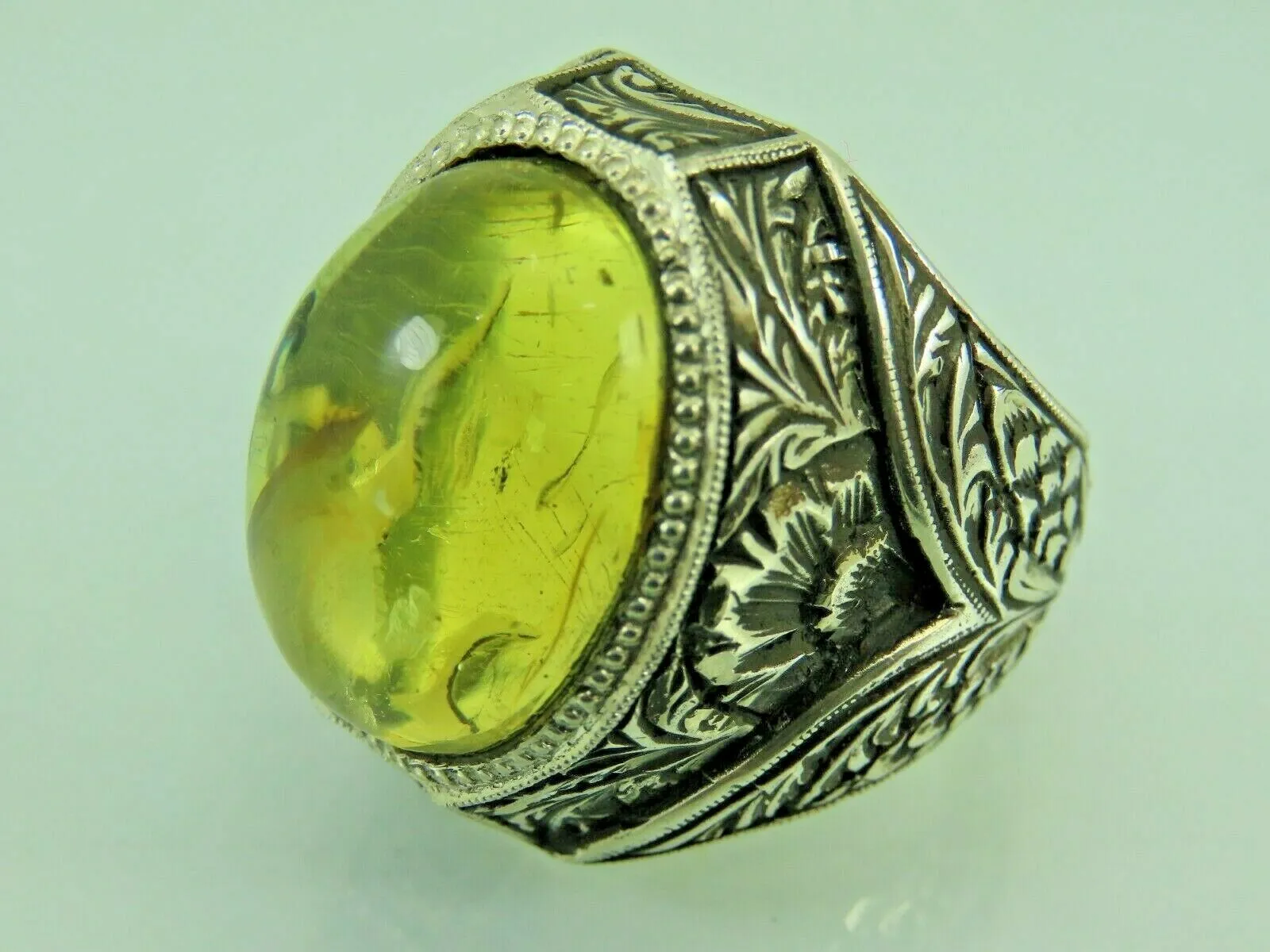 Turkish Handmade Jewelry 925 Sterling Silver Amber Stone Engraved Mens Rings