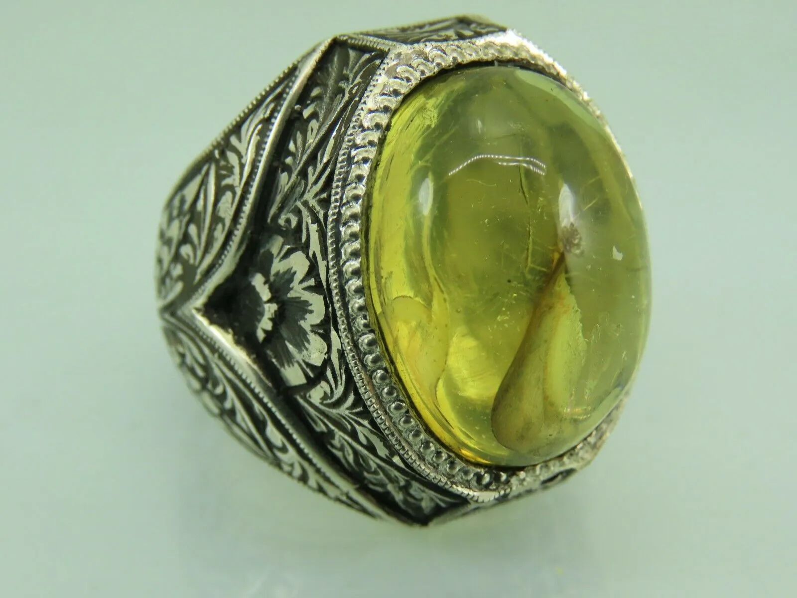 Turkish Handmade Jewelry 925 Sterling Silver Amber Stone Engraved Mens Rings