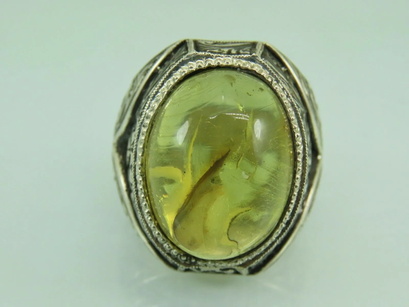 Turkish Handmade Jewelry 925 Sterling Silver Amber Stone Engraved Mens Rings
