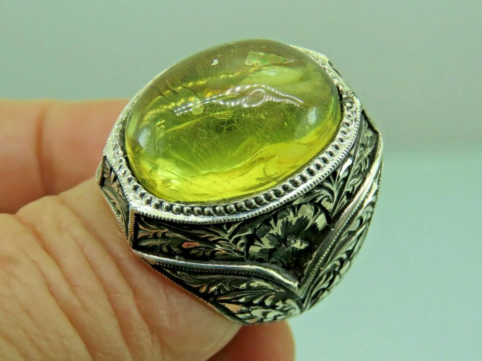 Turkish Handmade Jewelry 925 Sterling Silver Amber Stone Engraved Mens Rings