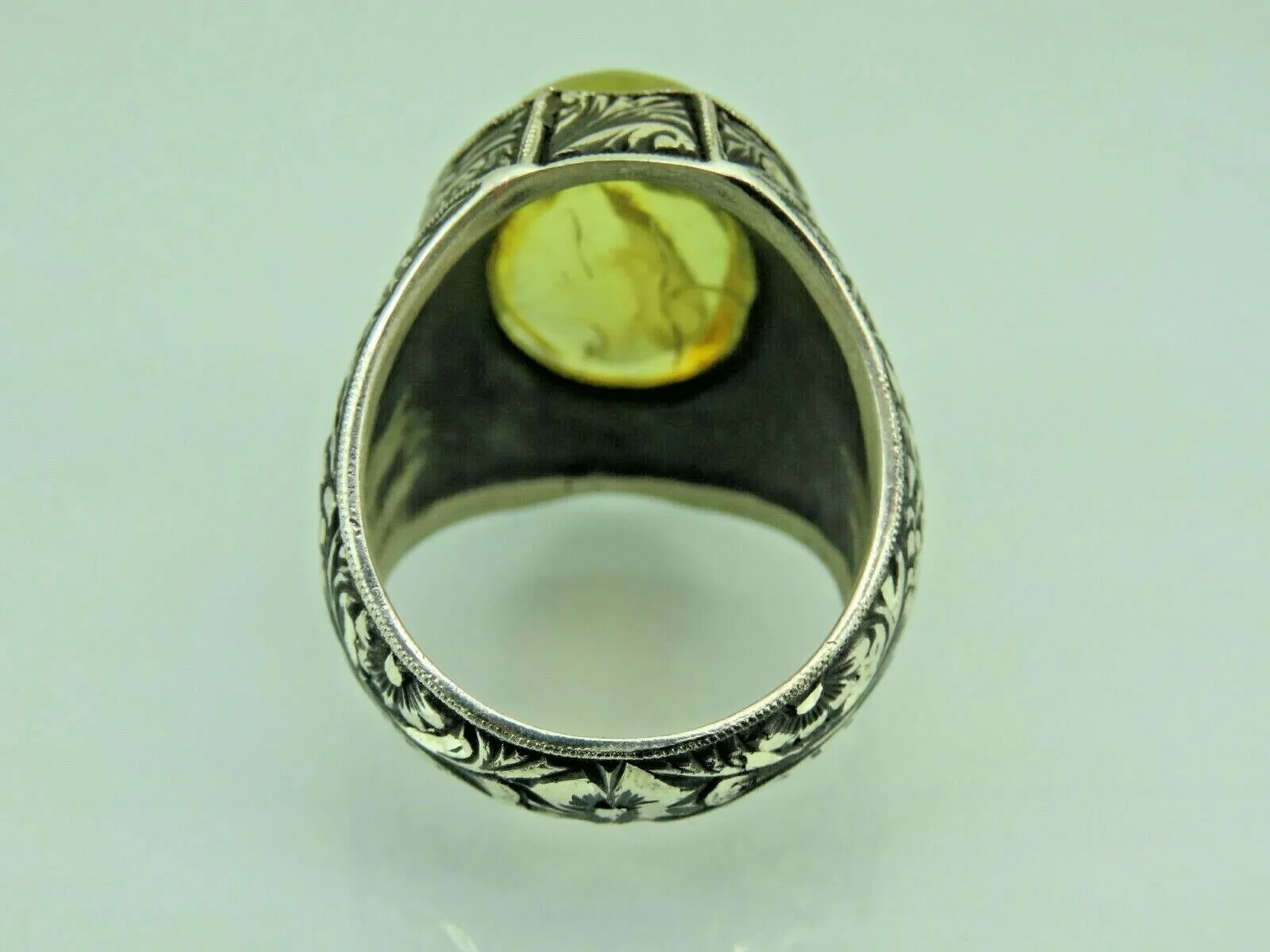 Turkish Handmade Jewelry 925 Sterling Silver Amber Stone Engraved Mens Rings