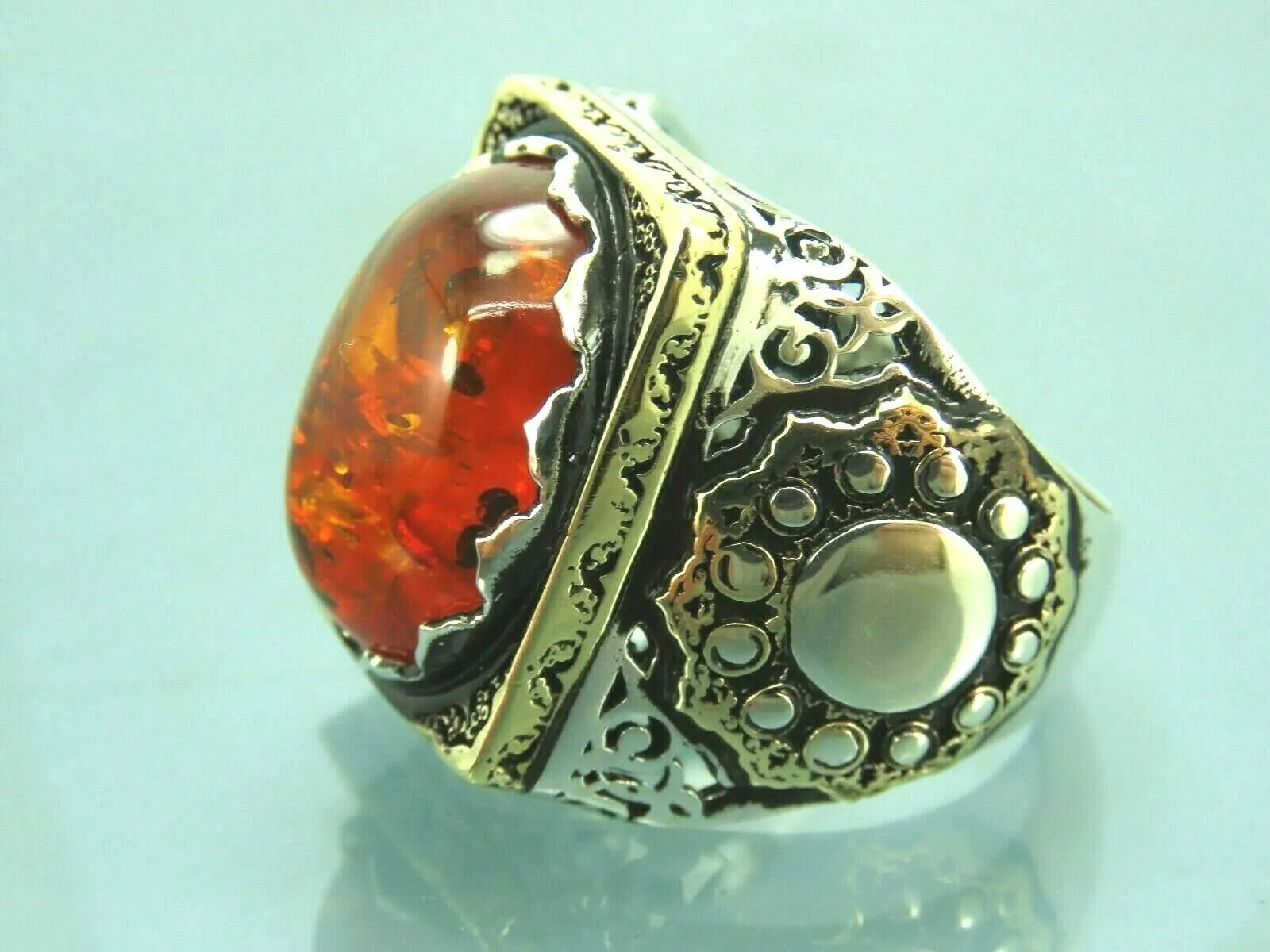 Turkish Handmade Jewelry 925 Sterling Silver Amber Stone Mens Rings