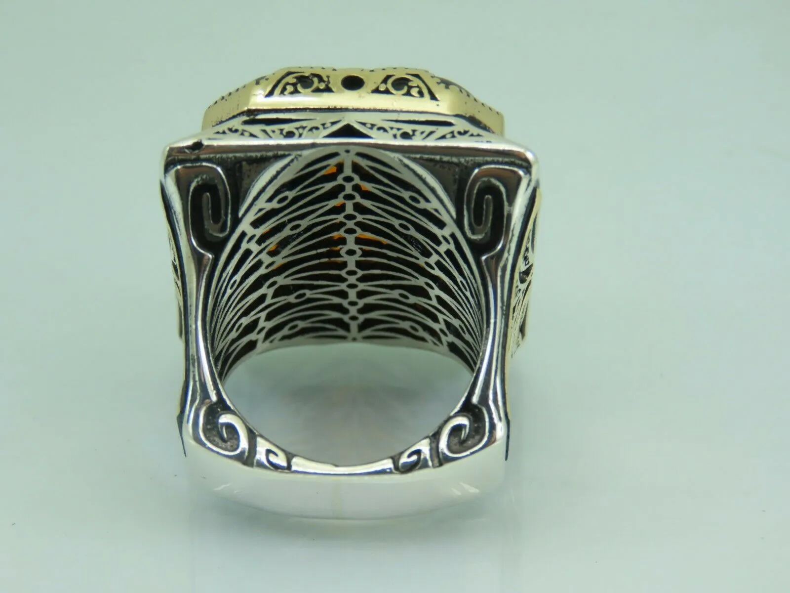 Turkish Handmade Jewelry 925 Sterling Silver Amber Stone Mens Rings