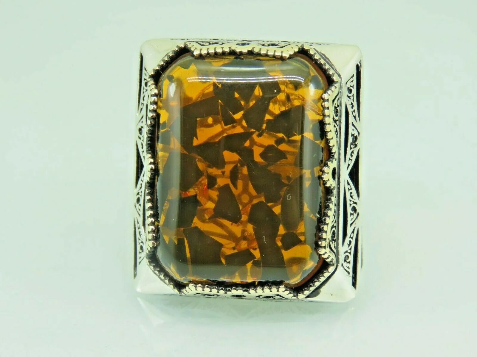Turkish Handmade Jewelry 925 Sterling Silver Amber Stone Mens Rings
