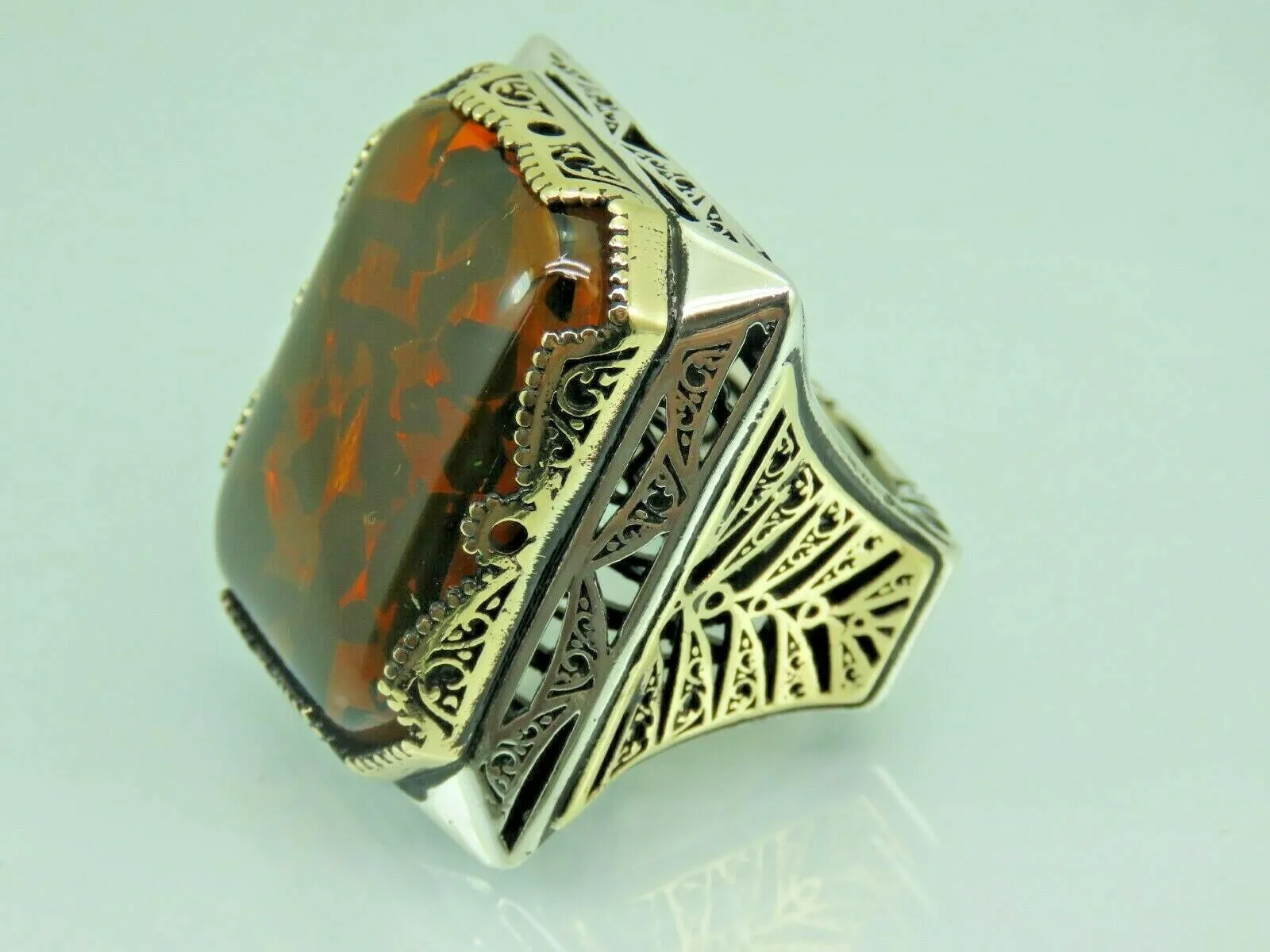 Turkish Handmade Jewelry 925 Sterling Silver Amber Stone Mens Rings