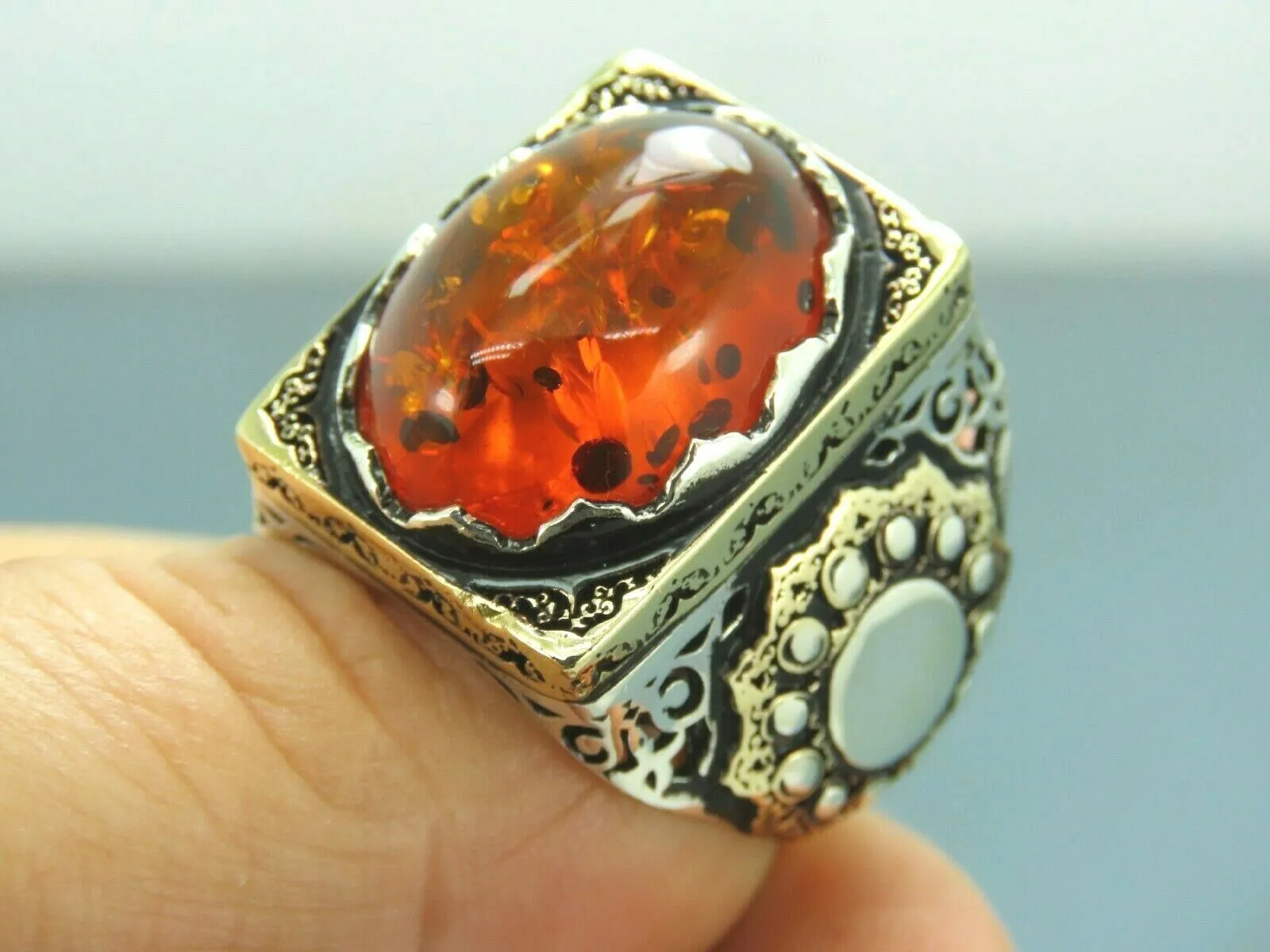 Turkish Handmade Jewelry 925 Sterling Silver Amber Stone Mens Rings