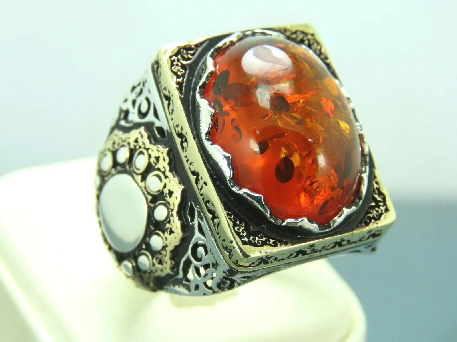 Turkish Handmade Jewelry 925 Sterling Silver Amber Stone Mens Rings