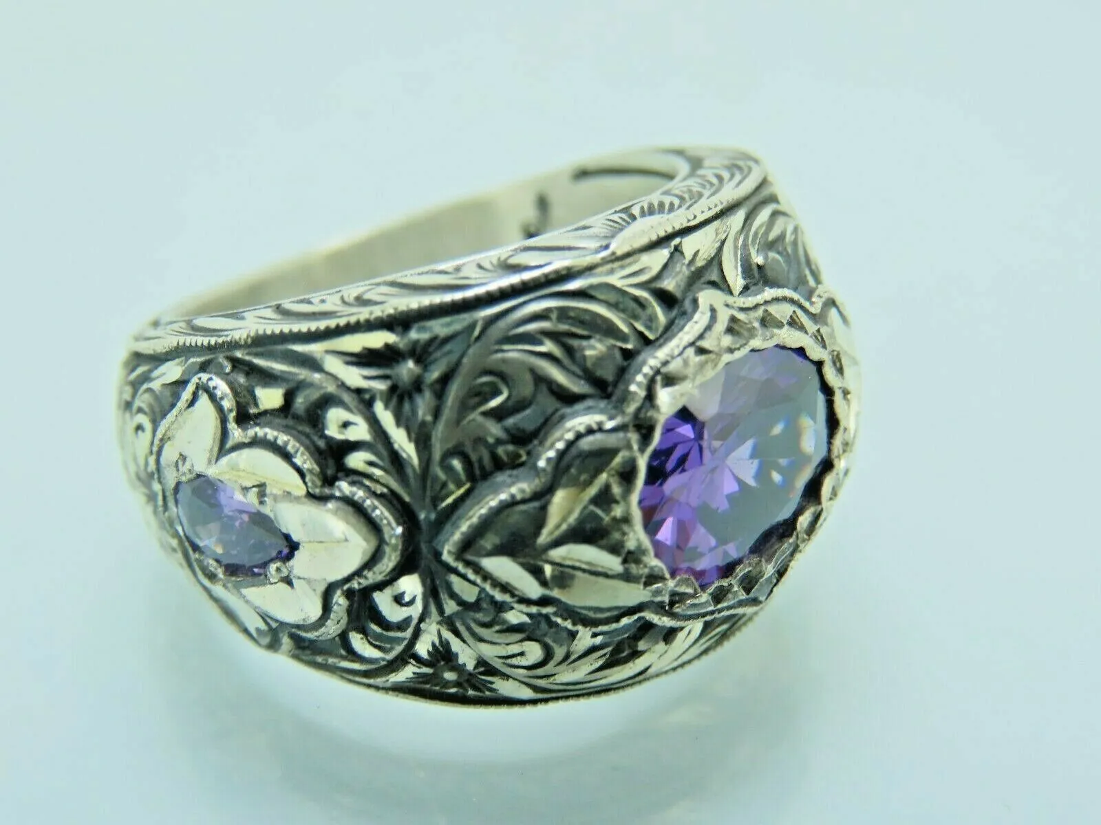 Turkish Handmade Jewelry 925 Sterling Silver Amethyst Stone Engraved Mens Rings
