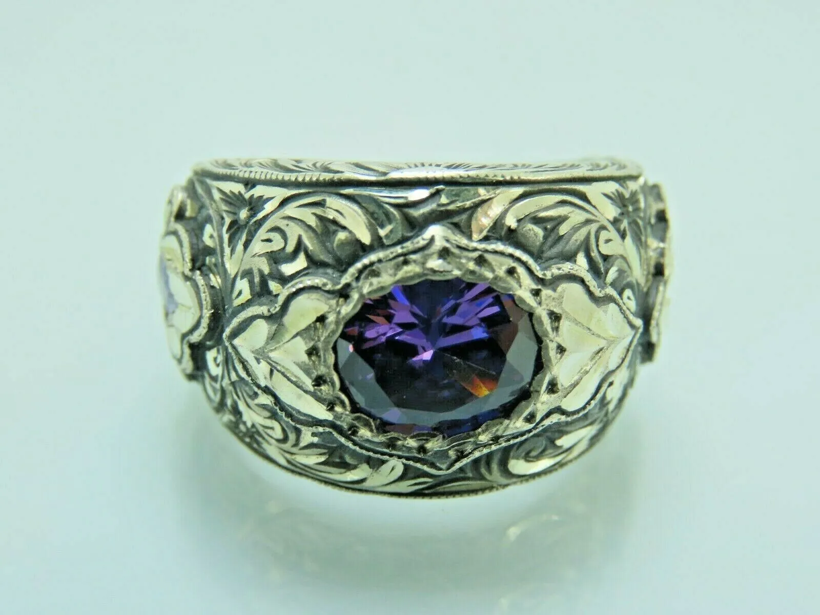 Turkish Handmade Jewelry 925 Sterling Silver Amethyst Stone Engraved Mens Rings