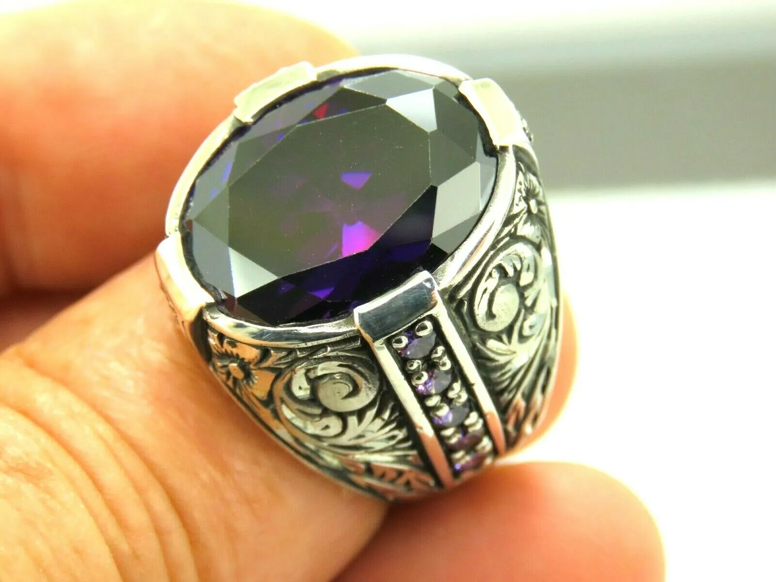 Turkish Handmade Jewelry 925 Sterling Silver Amethyst Stone Engraved Mens Rings