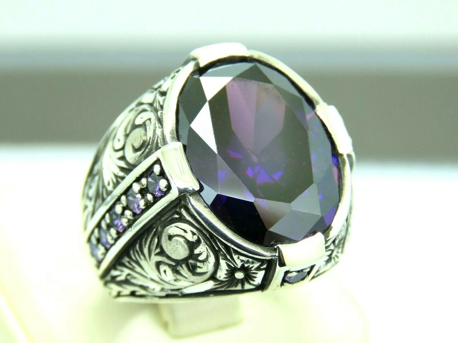 Turkish Handmade Jewelry 925 Sterling Silver Amethyst Stone Engraved Mens Rings