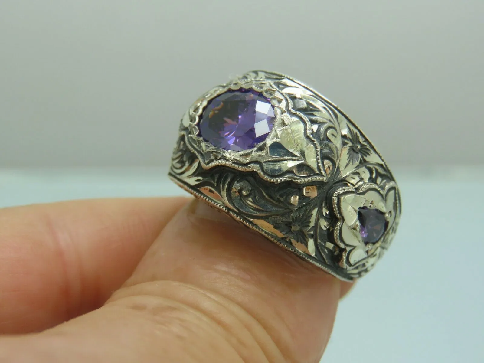 Turkish Handmade Jewelry 925 Sterling Silver Amethyst Stone Engraved Mens Rings