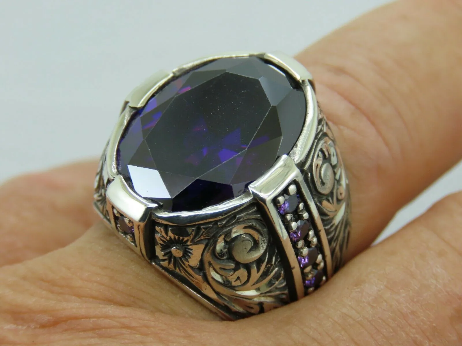 Turkish Handmade Jewelry 925 Sterling Silver Amethyst Stone Engraved Mens Rings
