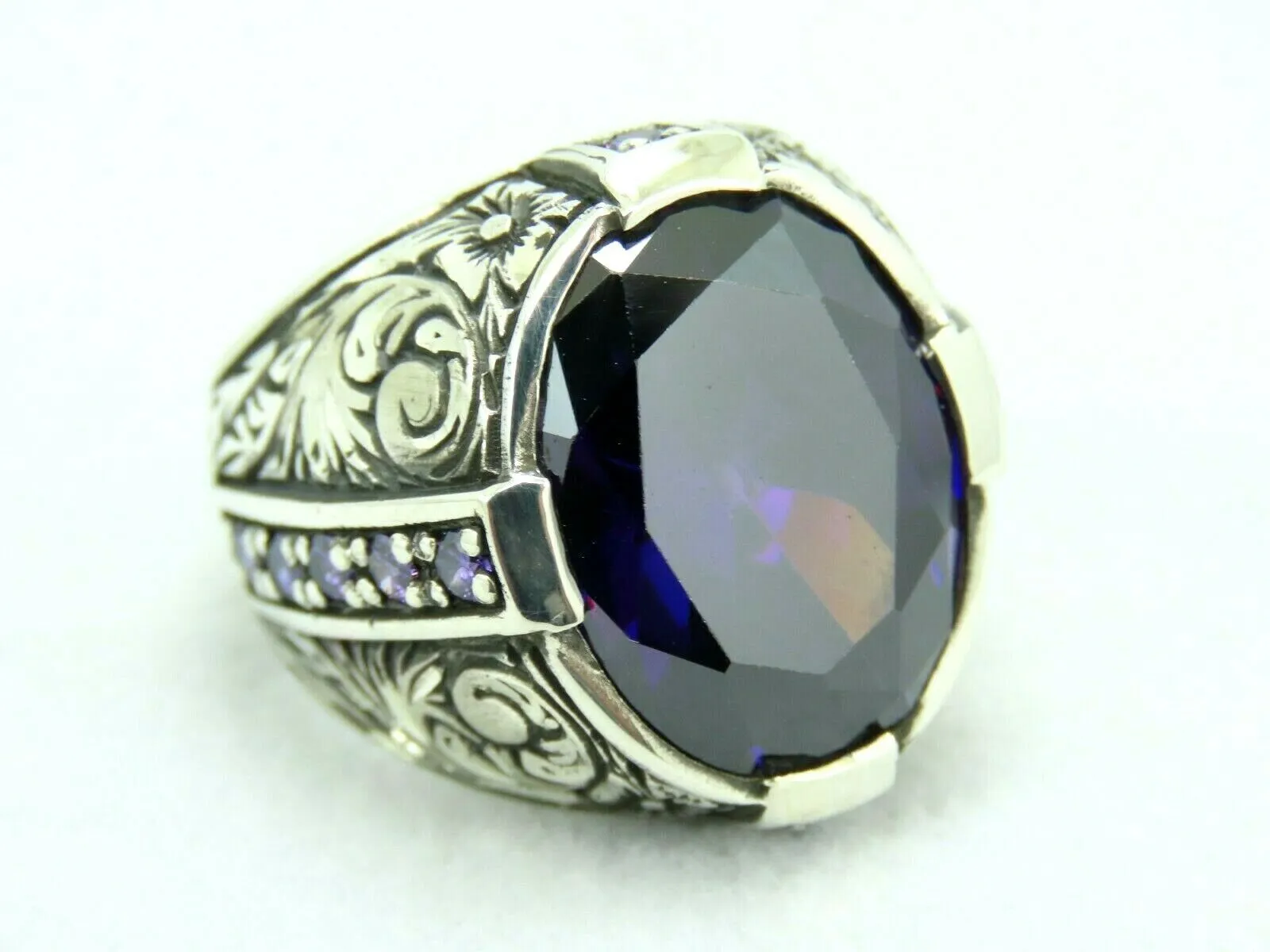 Turkish Handmade Jewelry 925 Sterling Silver Amethyst Stone Engraved Mens Rings