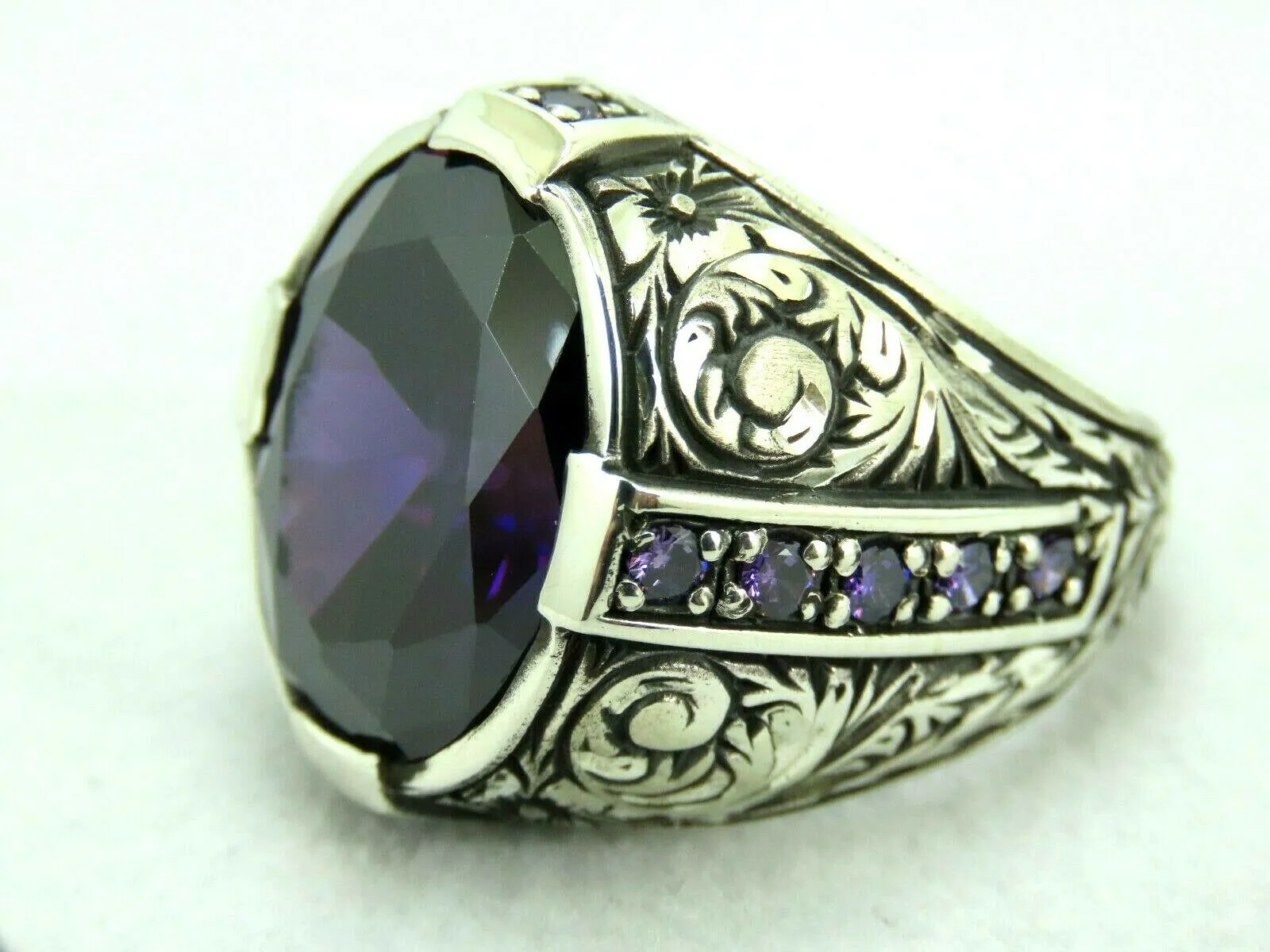 Turkish Handmade Jewelry 925 Sterling Silver Amethyst Stone Engraved Mens Rings