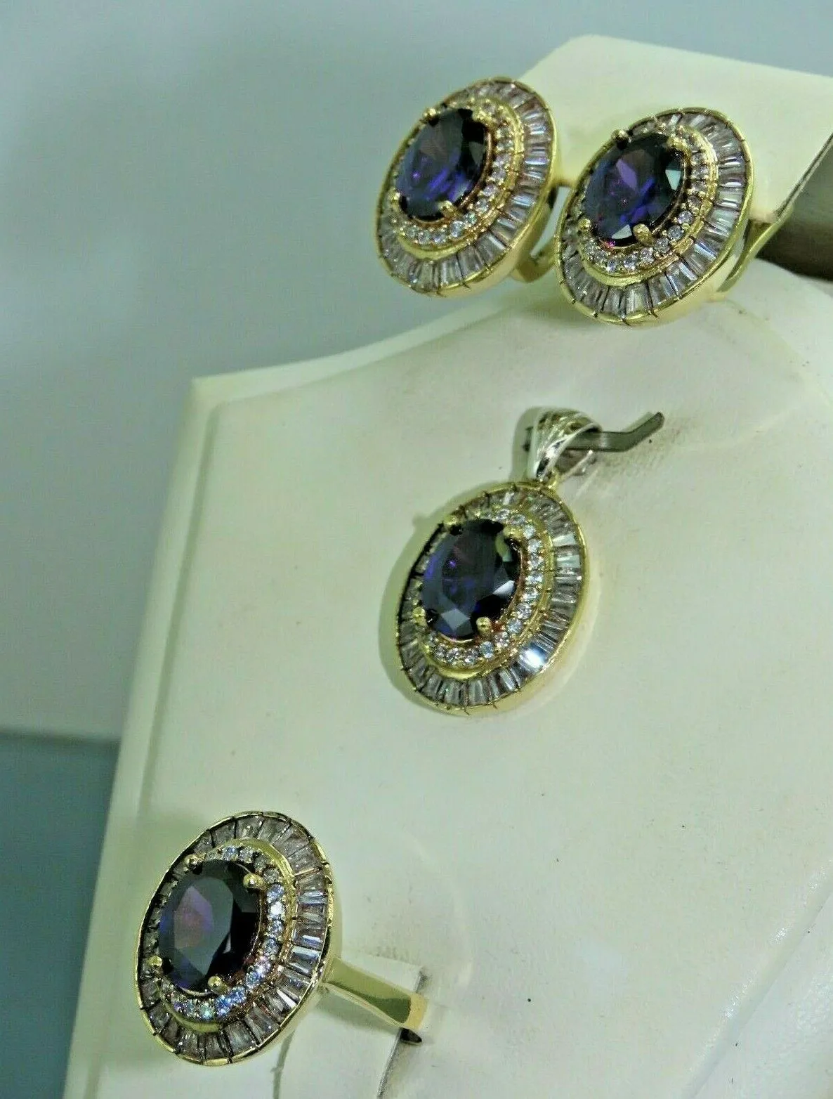 Turkish Handmade Jewelry 925 Sterling Silver Amethyst Stone Women's Earrings, Pendant & Ring Jewelry Set