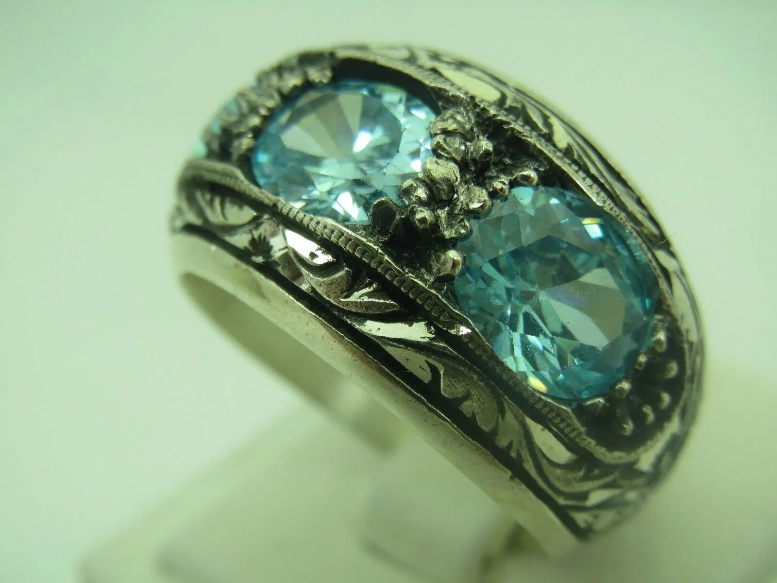 Turkish Handmade Jewelry 925 Sterling Silver Aquamarine Stone Mens Rings