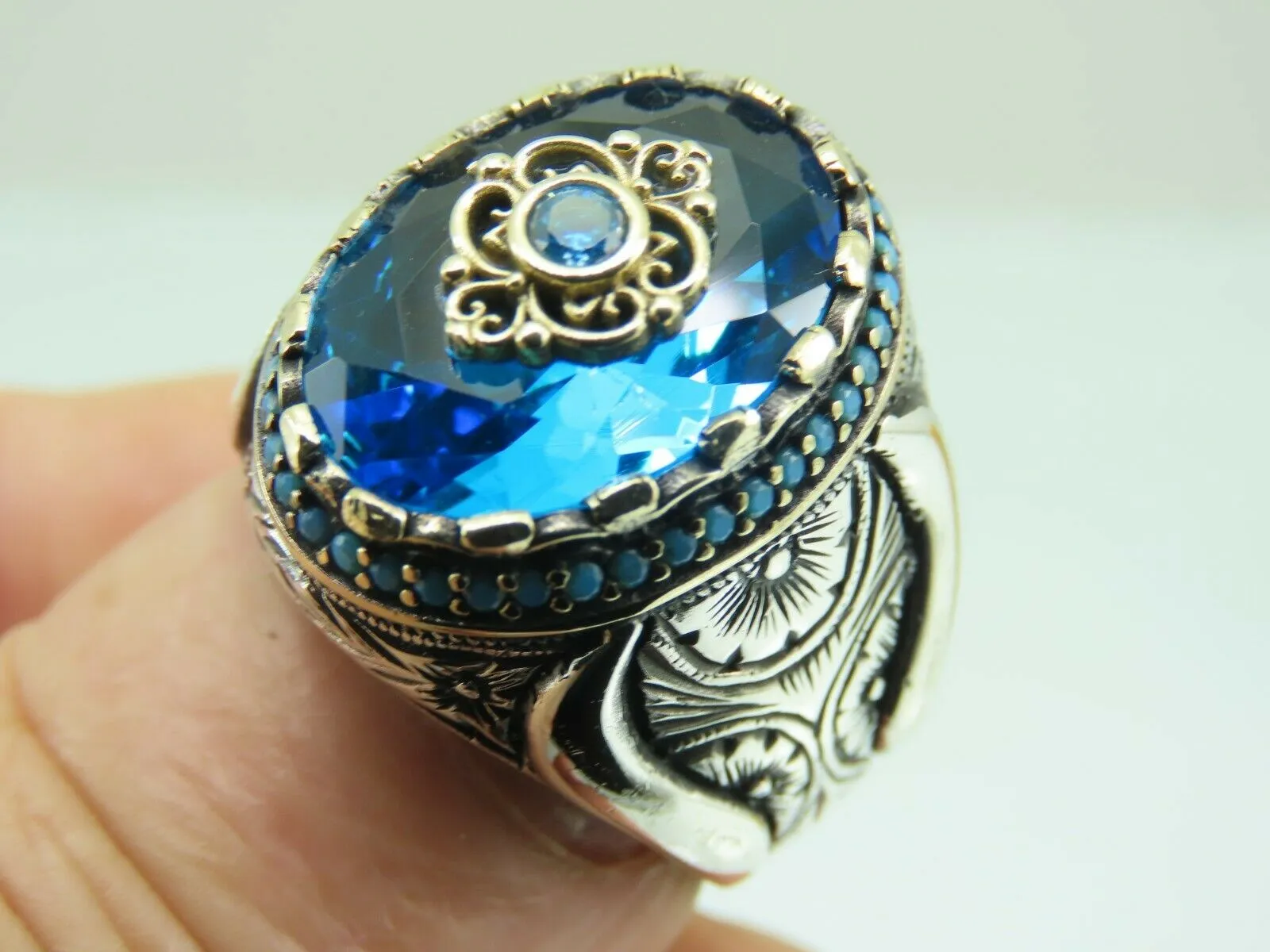 Turkish Handmade Jewelry 925 Sterling Silver Aquamarine Stone Mens Rings