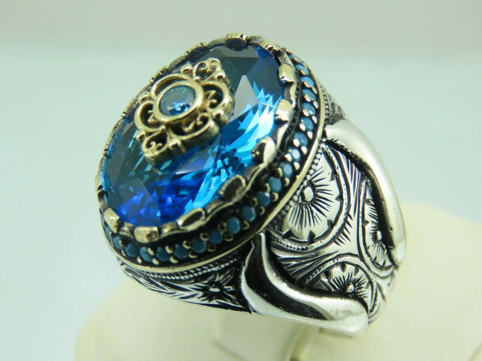 Turkish Handmade Jewelry 925 Sterling Silver Aquamarine Stone Mens Rings