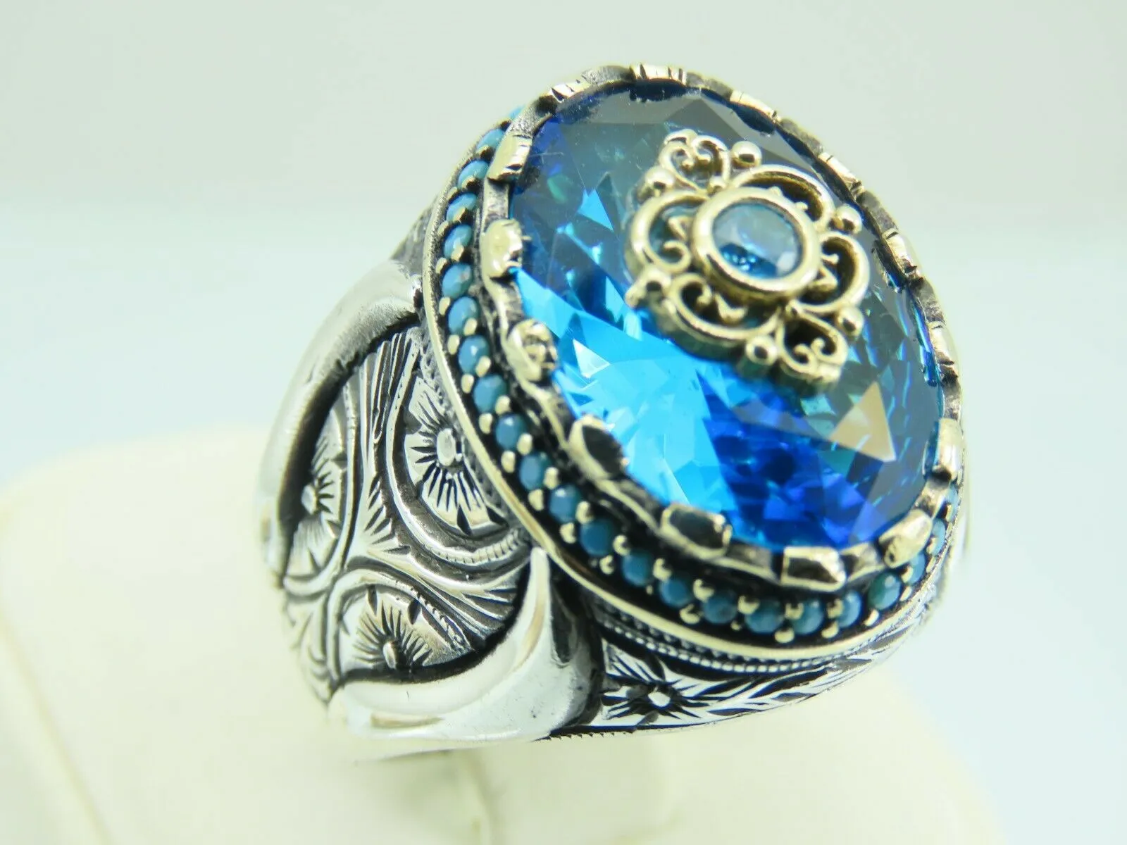 Turkish Handmade Jewelry 925 Sterling Silver Aquamarine Stone Mens Rings