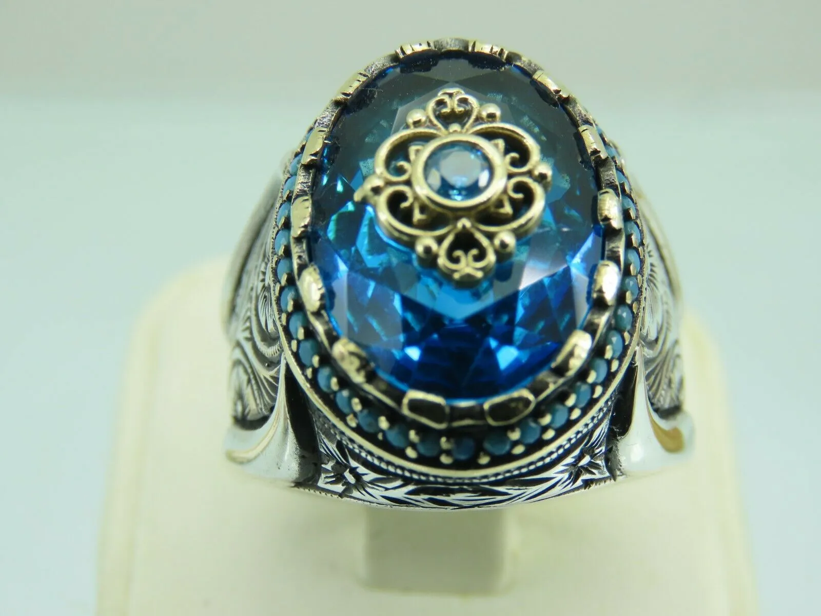 Turkish Handmade Jewelry 925 Sterling Silver Aquamarine Stone Mens Rings