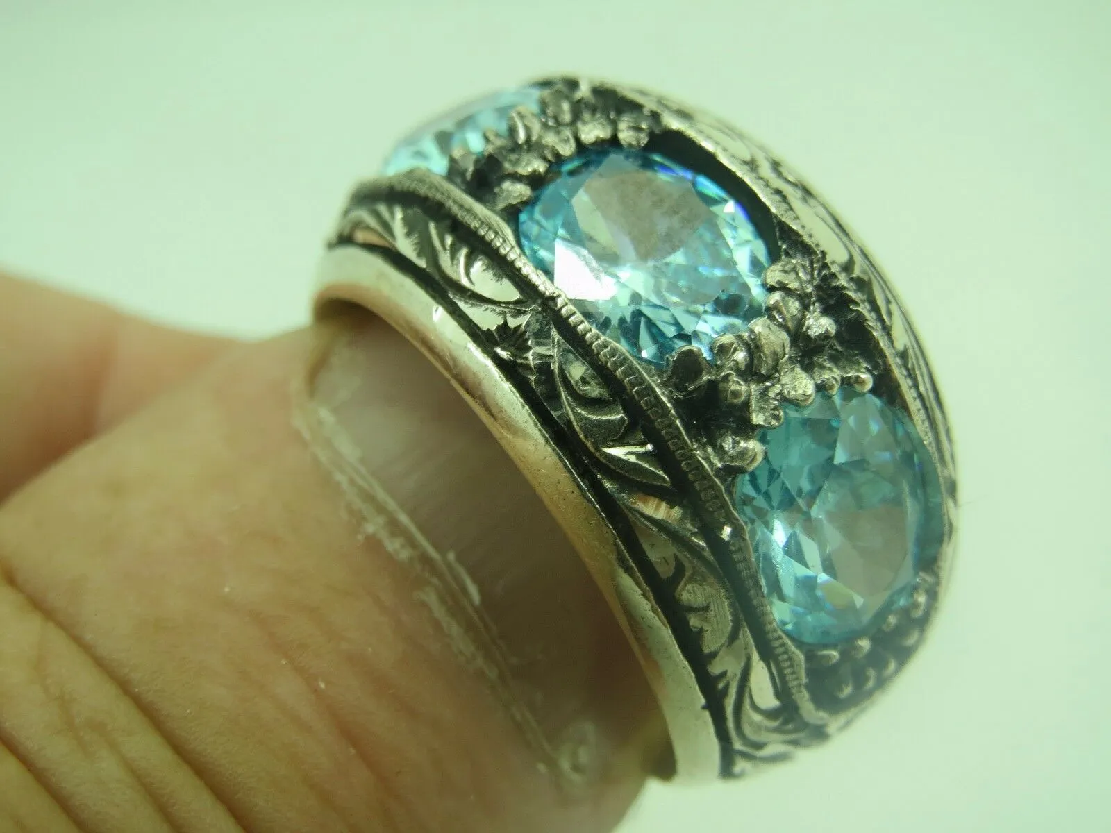 Turkish Handmade Jewelry 925 Sterling Silver Aquamarine Stone Mens Rings