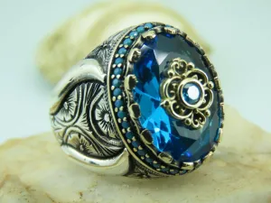 Turkish Handmade Jewelry 925 Sterling Silver Aquamarine Stone Mens Rings