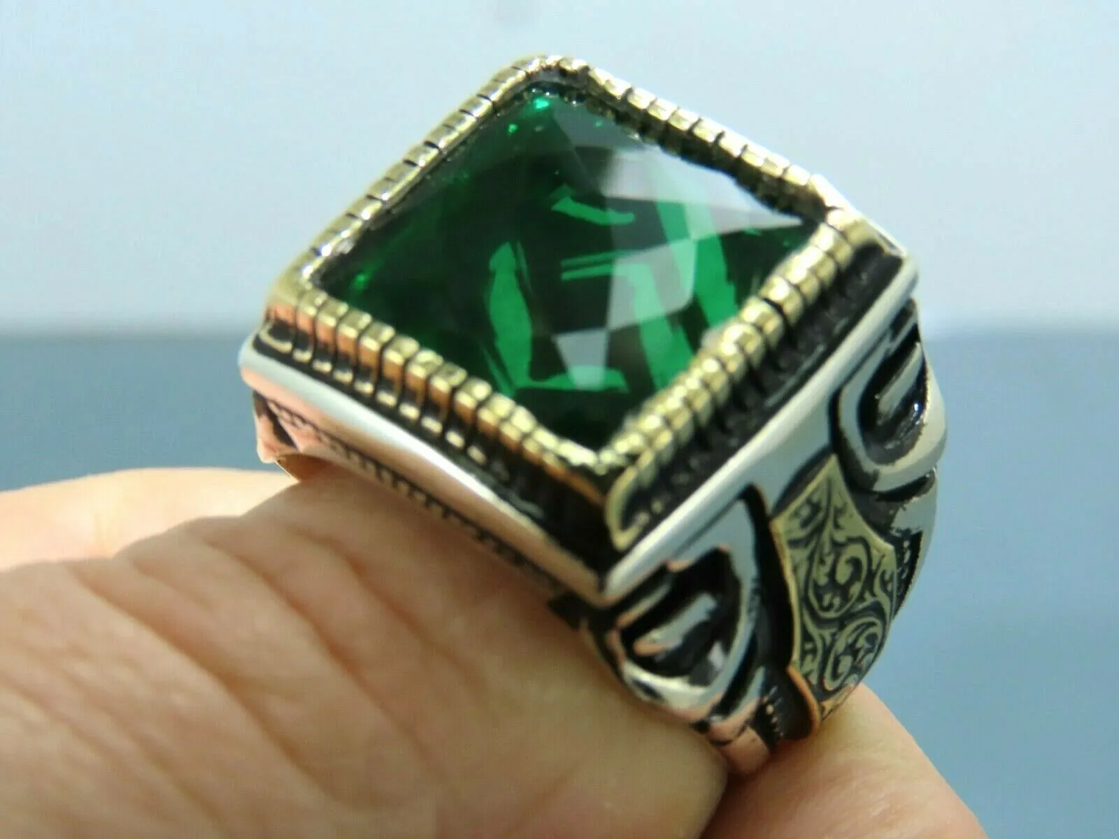 Turkish Handmade Jewelry 925 Sterling Silver Emerald Stone Mens Rings