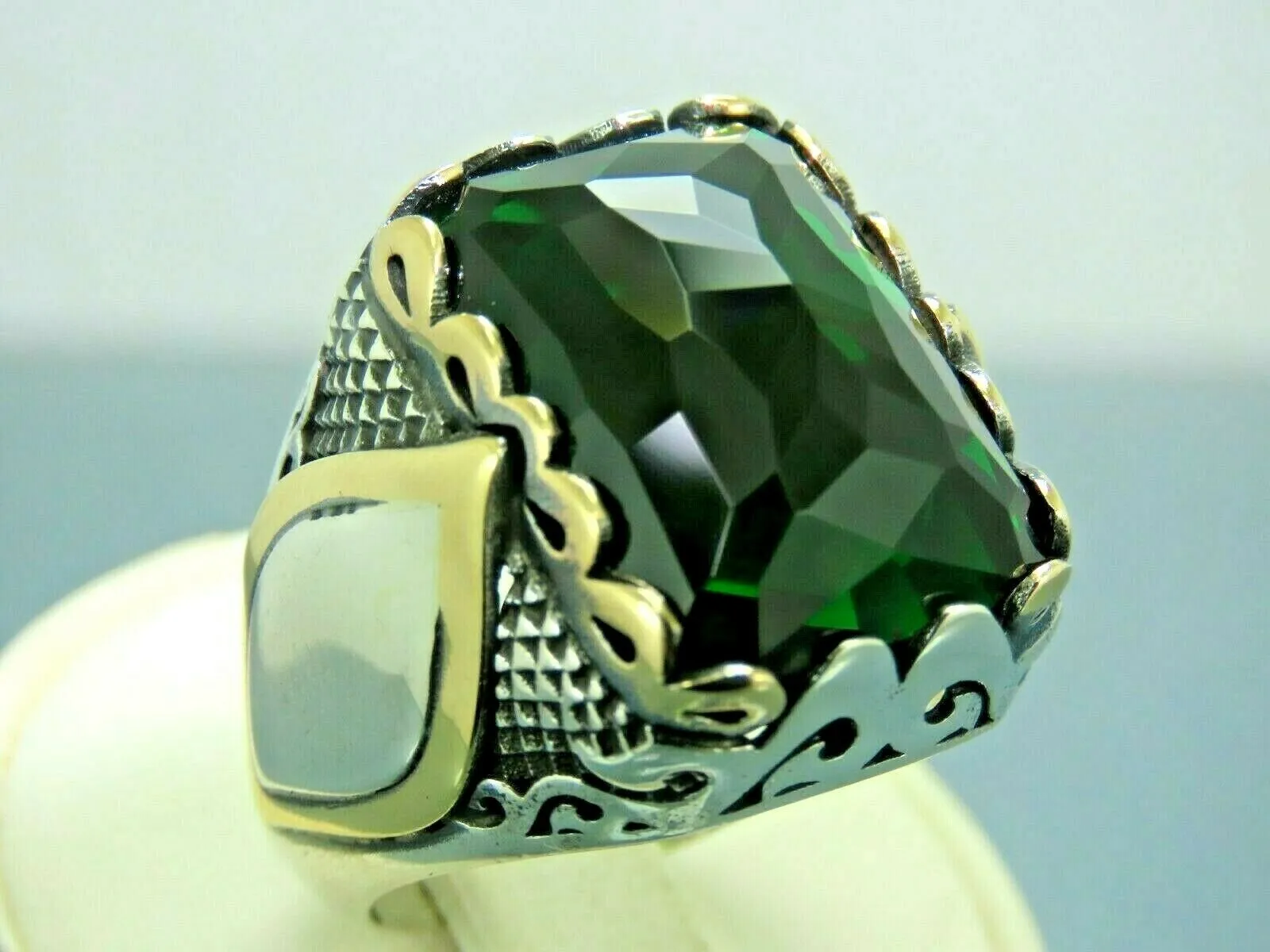 Turkish Handmade Jewelry 925 Sterling Silver Emerald Stone Mens Rings