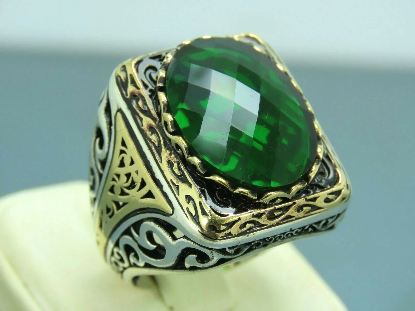 Turkish Handmade Jewelry 925 Sterling Silver Emerald Stone Mens Rings