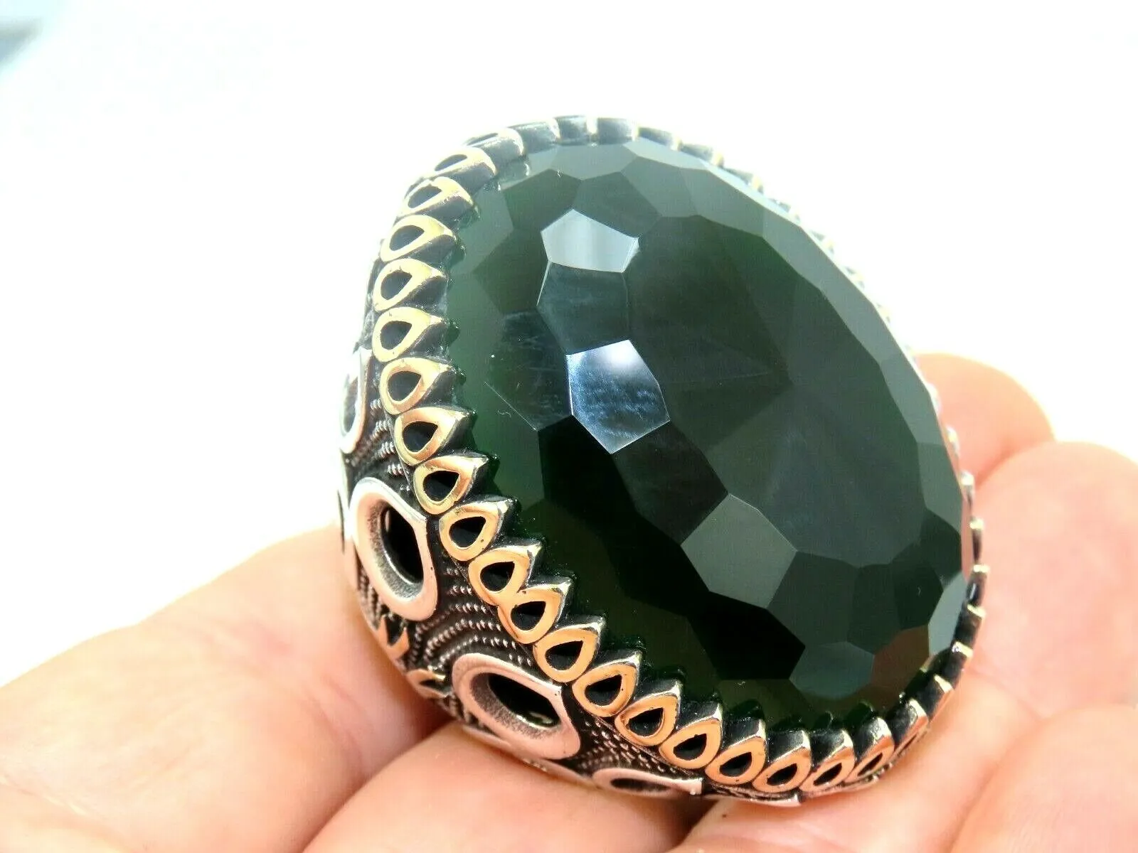 Turkish Handmade Jewelry 925 Sterling Silver Emerald Stone Mens Rings