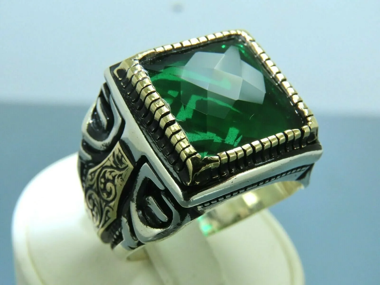 Turkish Handmade Jewelry 925 Sterling Silver Emerald Stone Mens Rings