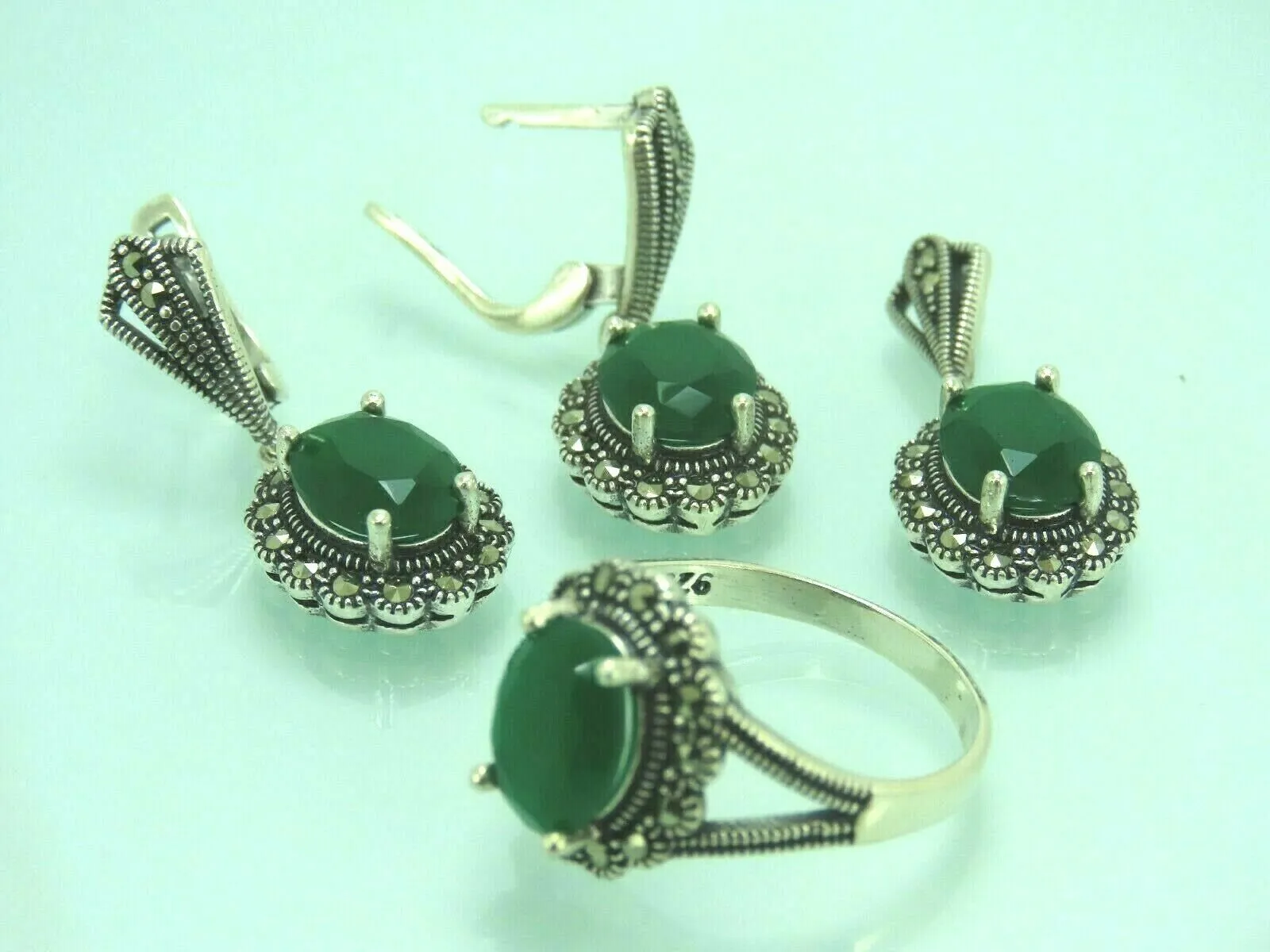 Turkish Handmade Jewelry 925 Sterling Silver Emerald Stone Women's Earrings, Pendant & Ring Jewelry Set
