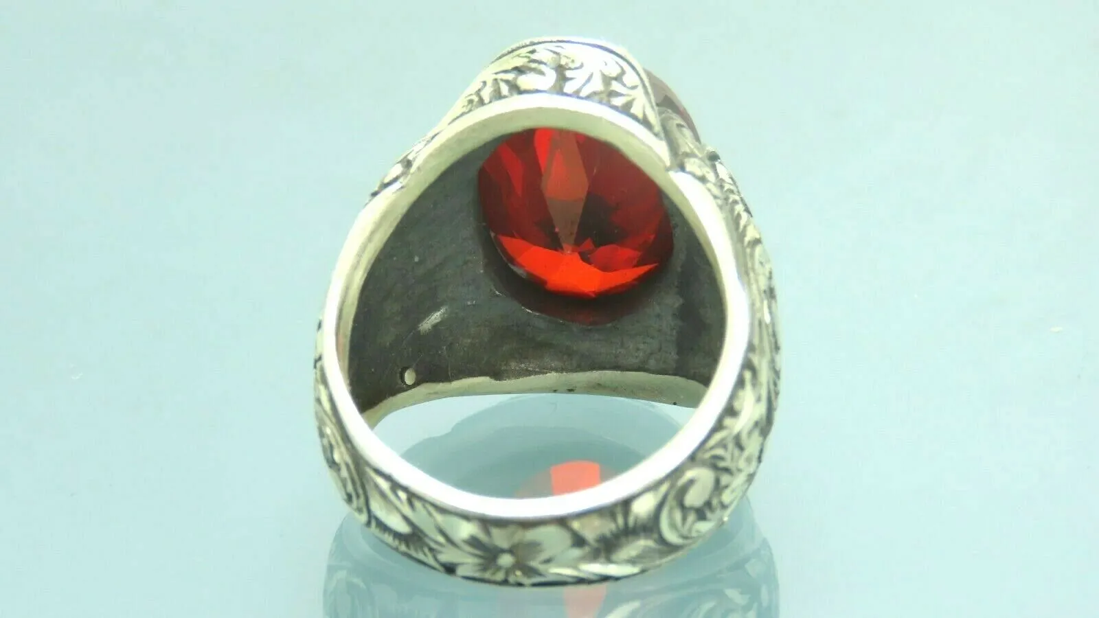 Turkish Handmade Jewelry 925 Sterling Silver Garnet Stone Engraved Mens Rings