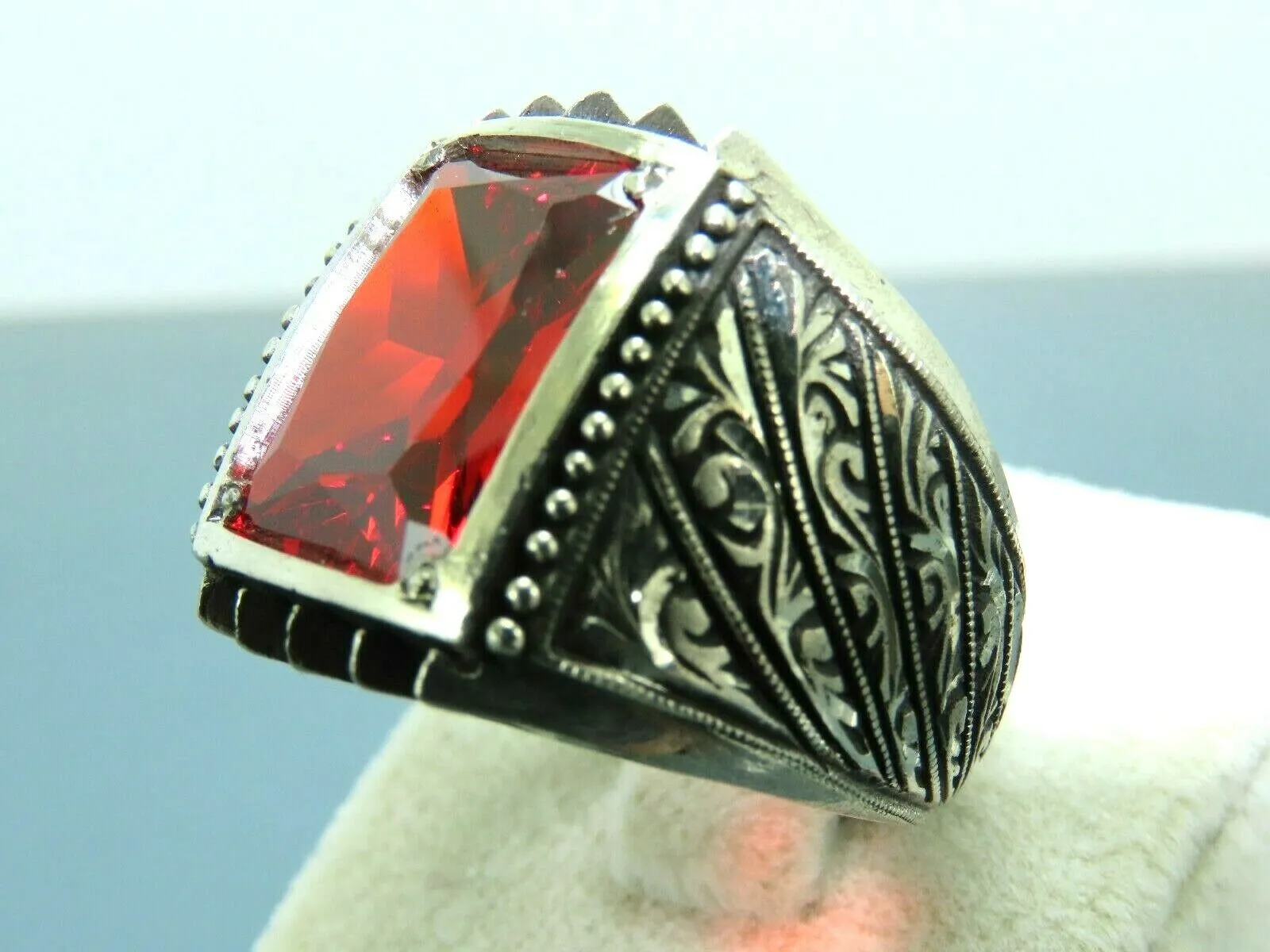 Turkish Handmade Jewelry 925 Sterling Silver Garnet Stone Engraved Mens Rings