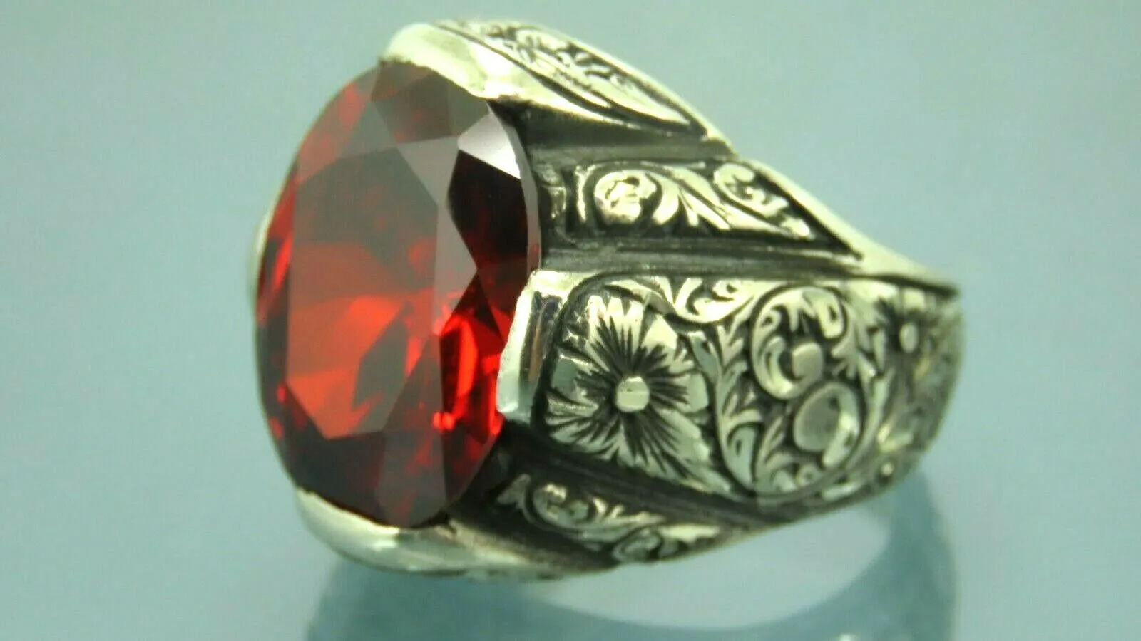 Turkish Handmade Jewelry 925 Sterling Silver Garnet Stone Engraved Mens Rings