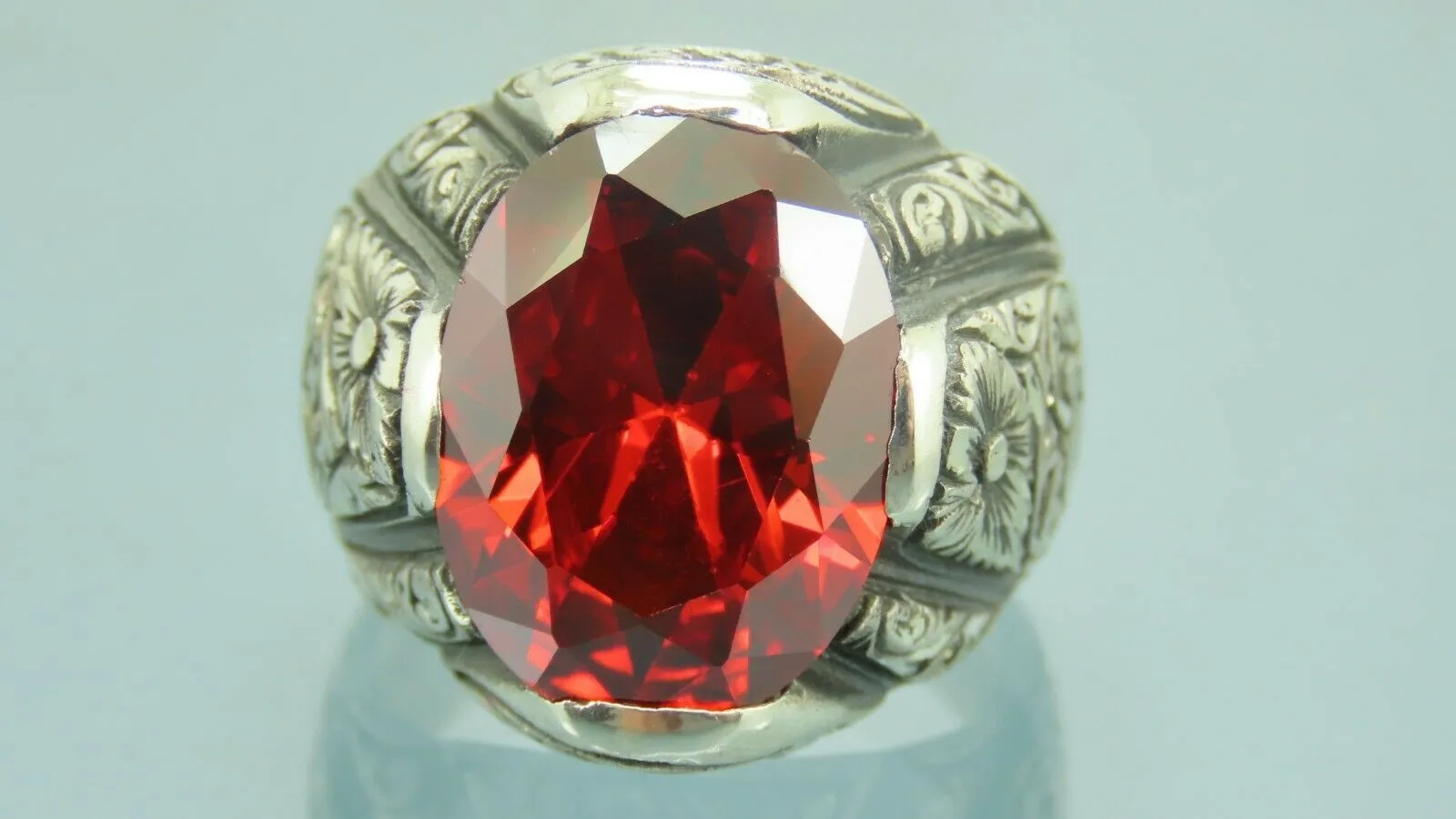 Turkish Handmade Jewelry 925 Sterling Silver Garnet Stone Engraved Mens Rings