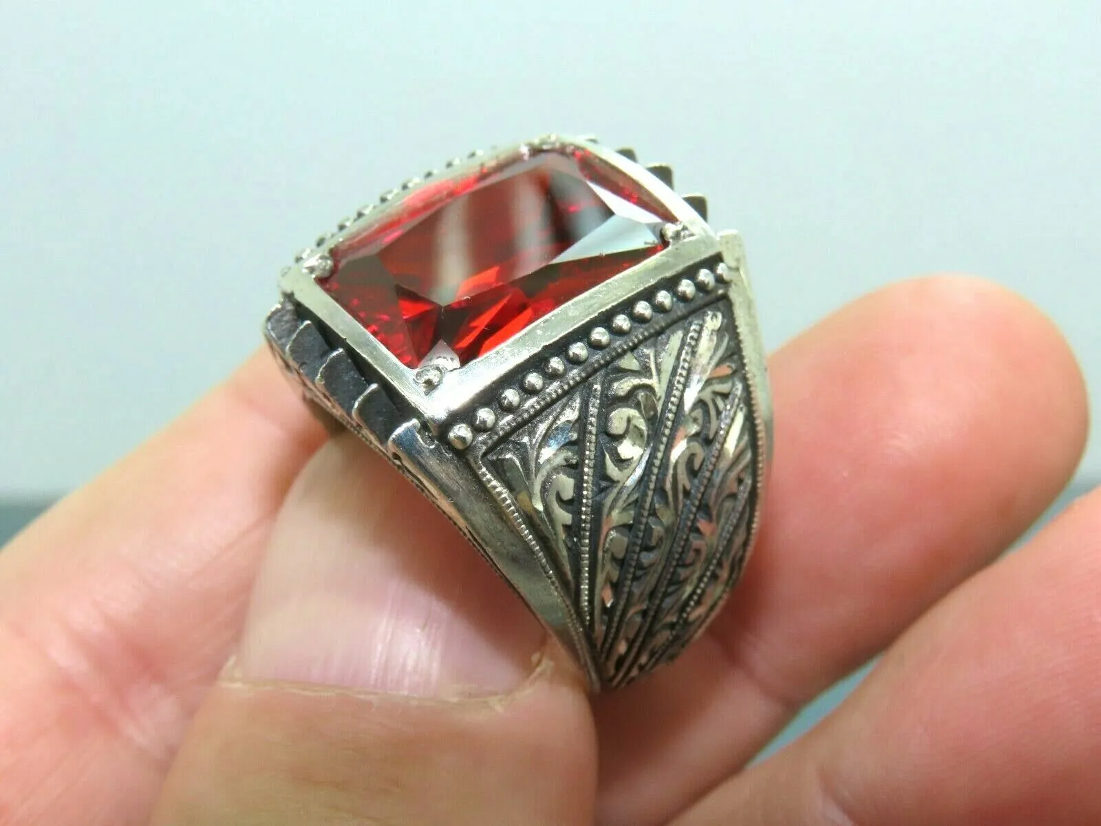 Turkish Handmade Jewelry 925 Sterling Silver Garnet Stone Engraved Mens Rings