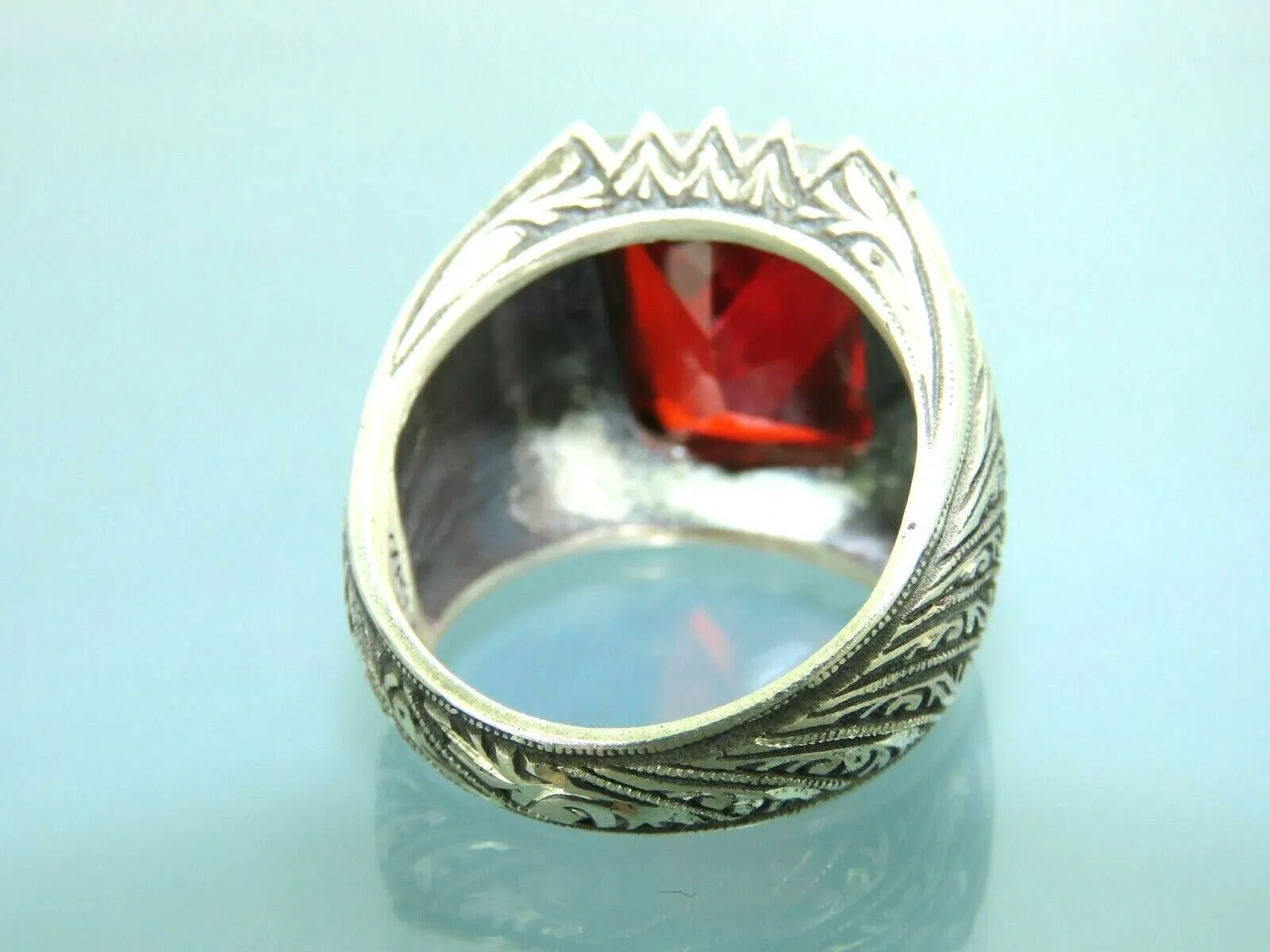 Turkish Handmade Jewelry 925 Sterling Silver Garnet Stone Engraved Mens Rings