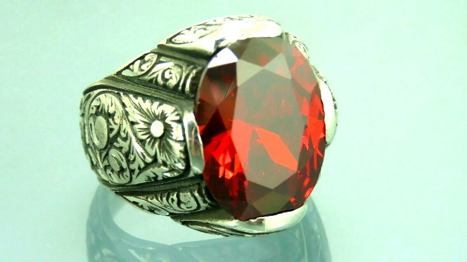 Turkish Handmade Jewelry 925 Sterling Silver Garnet Stone Engraved Mens Rings