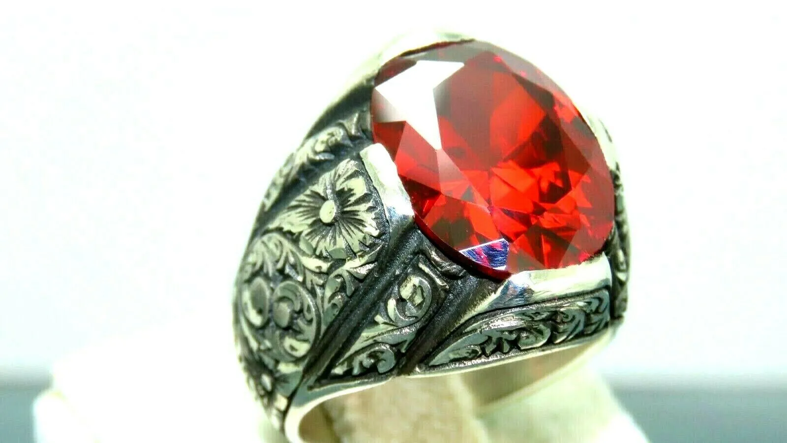 Turkish Handmade Jewelry 925 Sterling Silver Garnet Stone Engraved Mens Rings