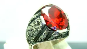 Turkish Handmade Jewelry 925 Sterling Silver Garnet Stone Engraved Mens Rings